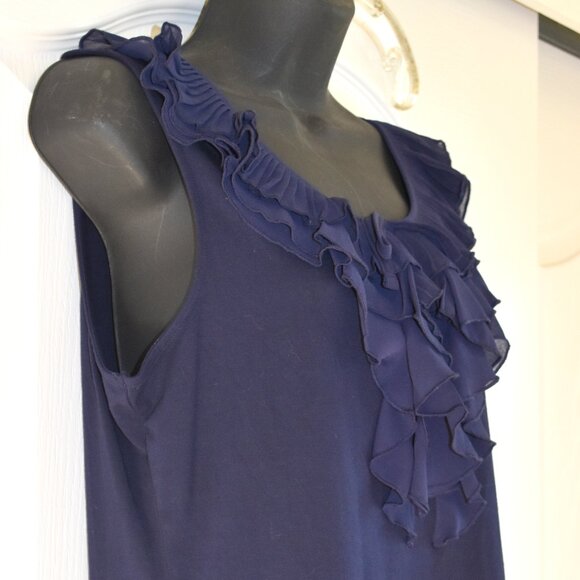 LAUREN RALPH LAUREN WOMEN'S SLEEVELESS NAVY BLUE RAYON RUFFLE BLOUSE LARGE, NWT - Picture 7 of 13